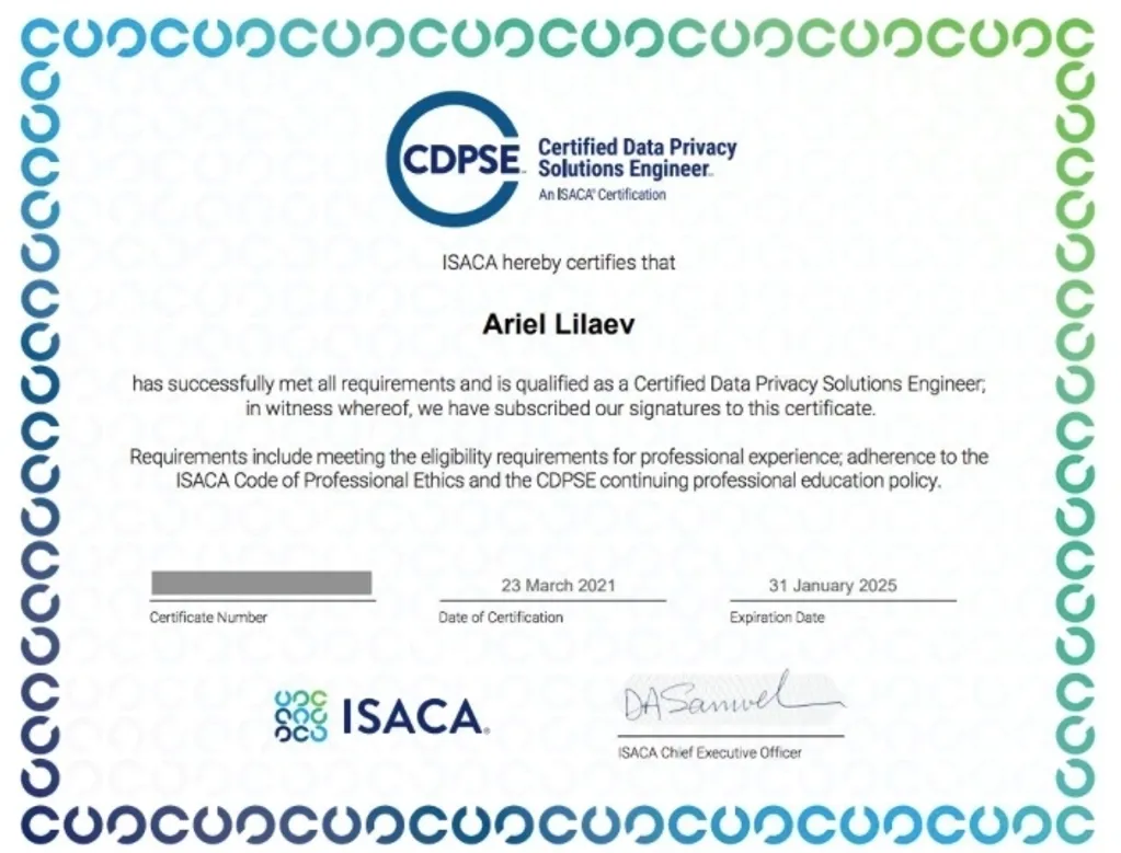 CDPSE | ISACA | אריאל לילייב SYBER - Cyber Security Consulting Ariel Lilaev | CDPSE Certified Data Privacy Solutions Engineer ISACA