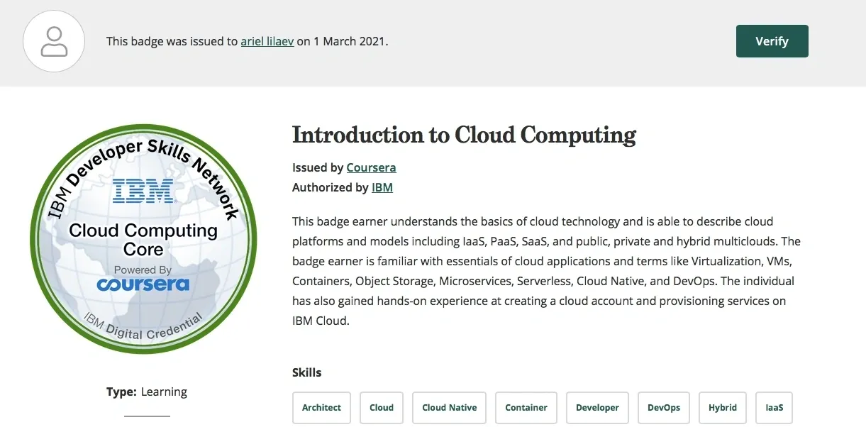 Cloud Computing Core | IBM | אריאל לילייב SYBER - Cyber Security Consulting Ariel Lilaev | IBM Cloud Computing Core Coursera 2021
