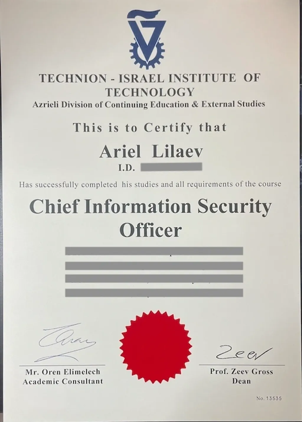 CISO מוסמך | טכניון | אריאל לילייב SYBER - Cyber Security Consulting Ariel Lilaev | Chief Information Security Officer CISO Technion Israel Institute of Technology